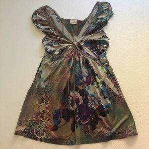 Purple green Flowy silky top with floral and abstract print